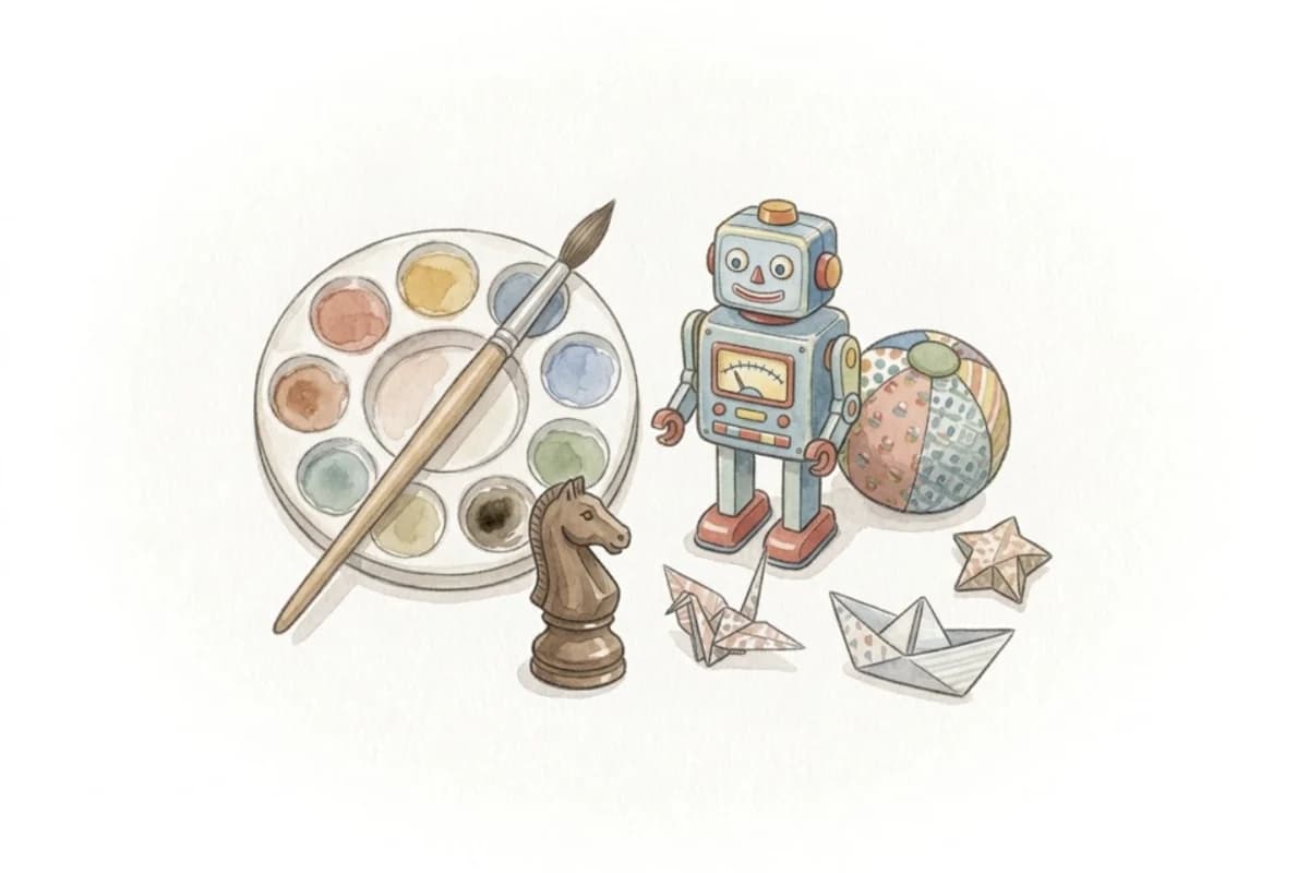 Boya paleti, satranç atı, oyuncak robot, top ve origami figürlerinin suluboya illüstrasyonu
