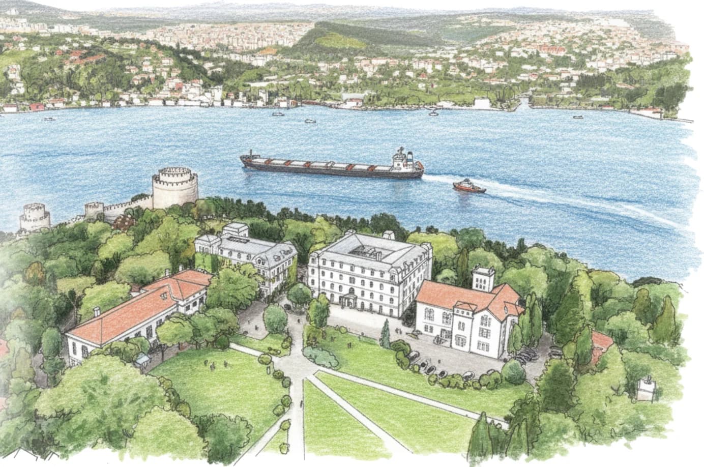 Boğaziçi After School kampüs panoraması, suluboya illüstrasyon