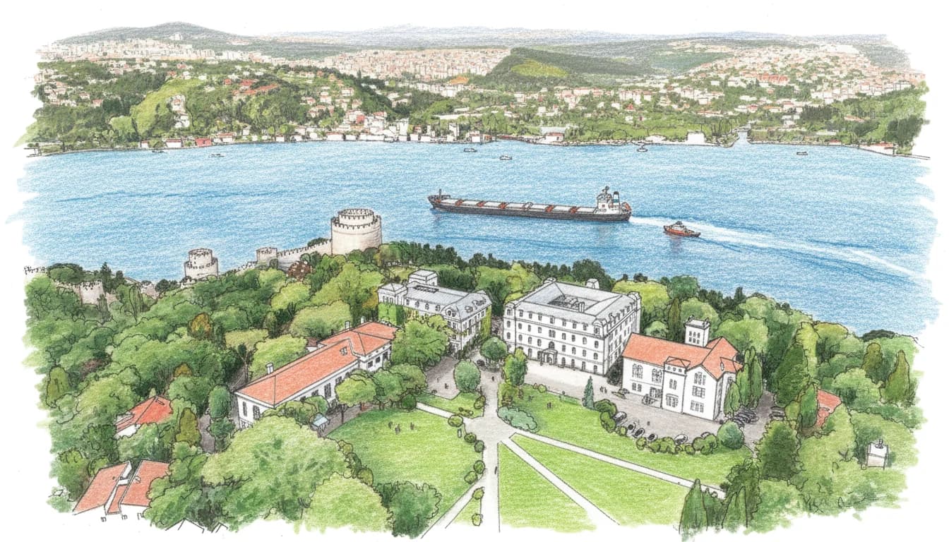 Boğaziçi Üniversitesi Güney Kampüs ve Boğaz'ın kuş bakışı sulu boya manzarası