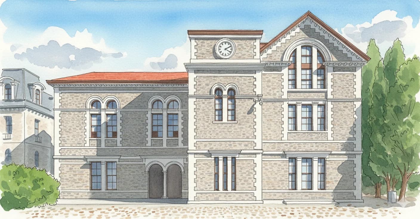 Boğaziçi Üniversitesi Güney Kampüs saat kuleli tarihi bina, sulu boya illüstrasyon
