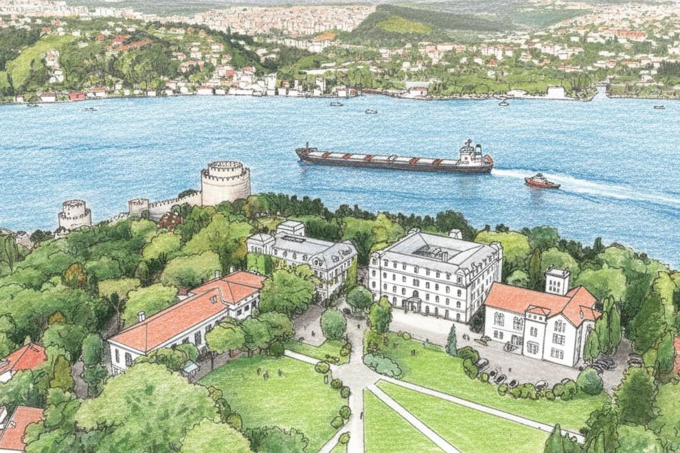 Boğaz, Rumeli Hisarı ve Güney Kampüs'ün kuşbakışı suluboya illüstrasyonu