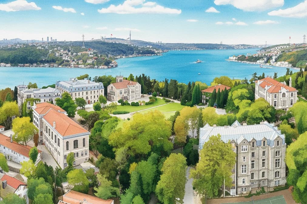 Yeşillikler içindeki Güney Kampüs binaları ve Boğaz'ın suluboya panoraması
